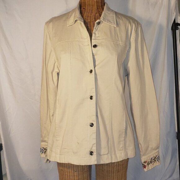 Ladies TABI Cream Denim Jacket Embroidered w/Fall Leaves - M - Picture 1 of 6